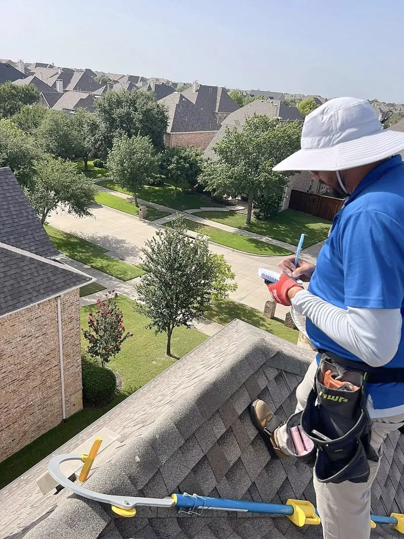 A roofer in a sun hat taking notes on a steep shingle roof